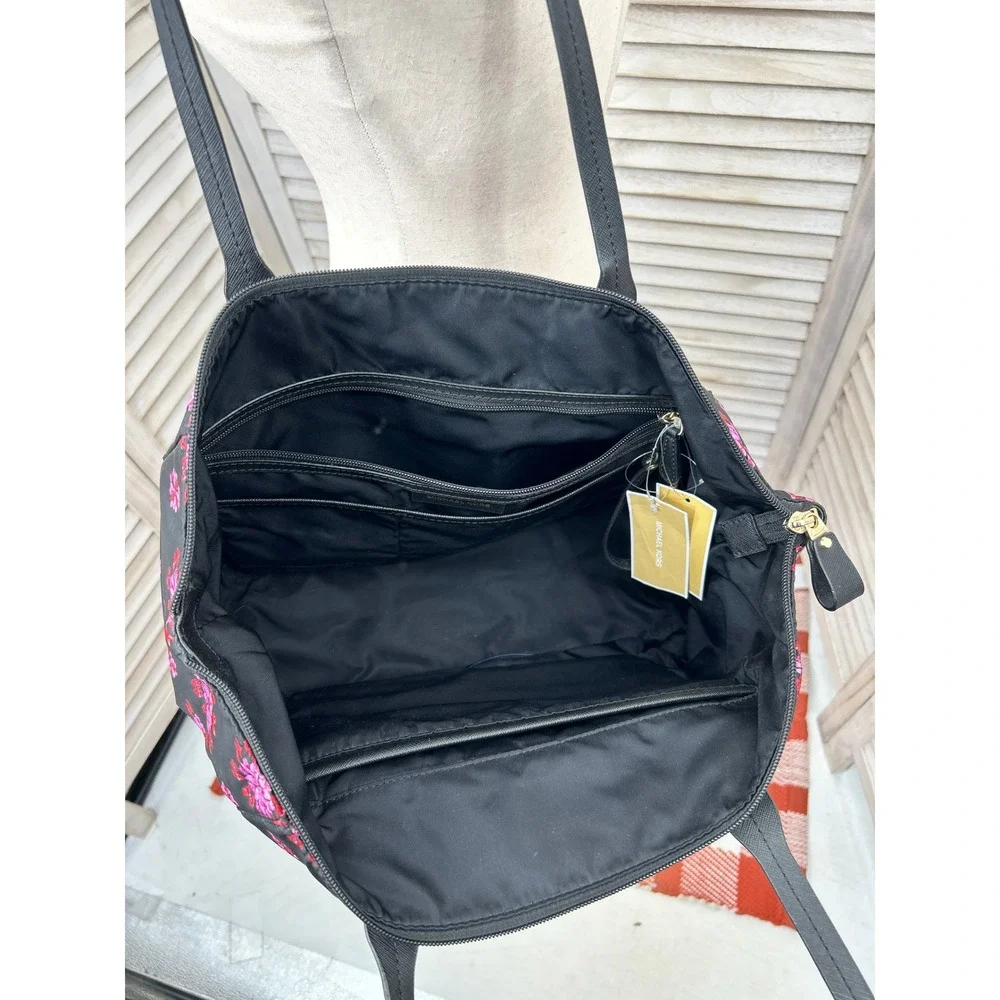 Michael Kors Nylon Kelsey Tote Bag Black & Pink Gem Floral Laptop Bag Work Purse